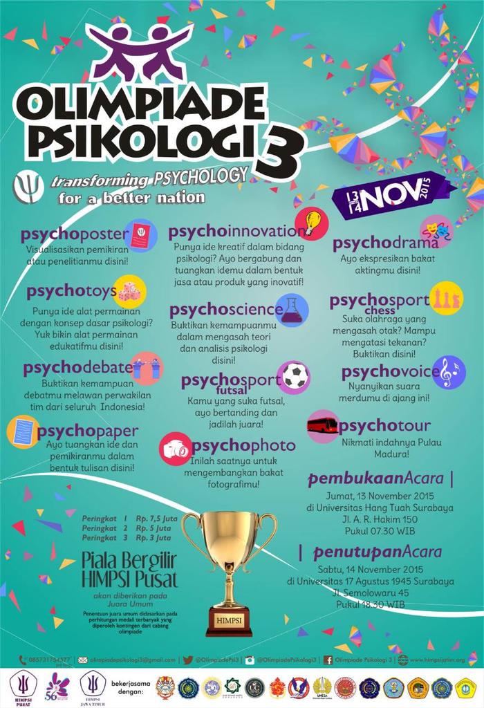 Salam Olimpiade!
Himpsi Wilayah Jatim, proudly present Olimpiade Psikologi 3. Yuk segera daftarkan diri kalian :)