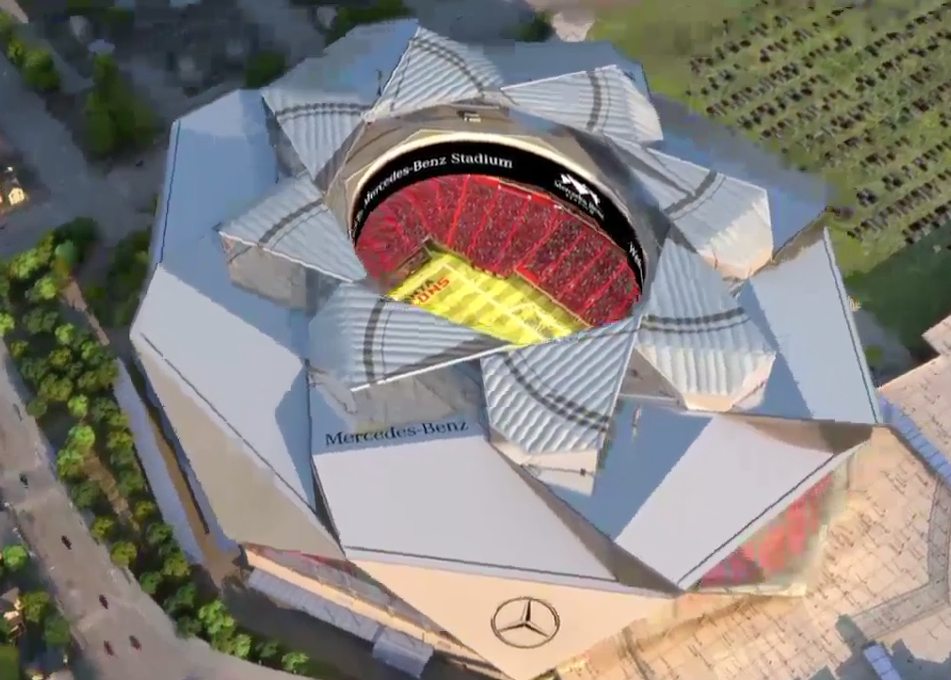 darrenrovell's tweet photo. Top of Atlanta Falcons new stadium will have Mercedes Benz logo spin open http://t.co/Z0Ai4dkiEh