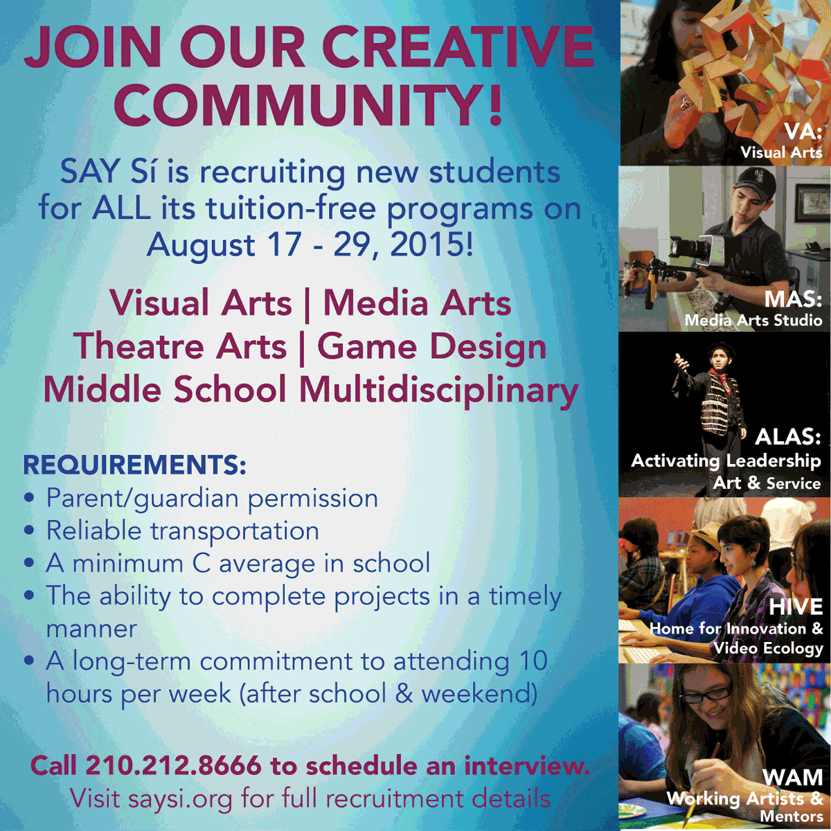 SAYSi_SA's tweet photo. It's our last week of recruitment! If you know any creative #satx students, send them our way! http://t.co/UQ0qS7WxmS http://t.co/5VYQKG4363