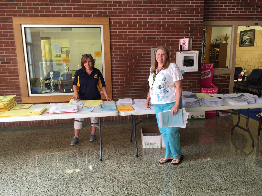 KCMSTrojans's tweet image. Miss Marie &amp;amp; Miss Jackie preparing First Day Packets to be sent home with sixth grade students tomorrow!