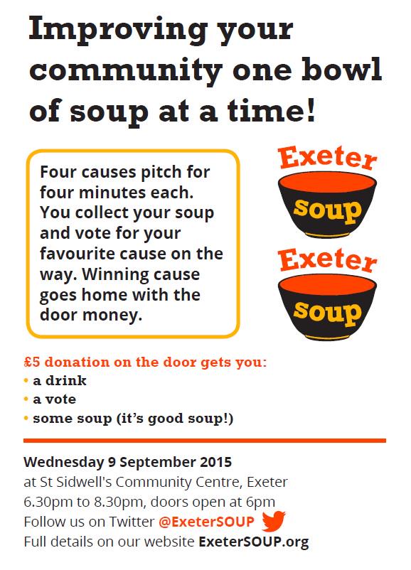 Join us for #ExeterSOUP 9th Sept 6pm @StSidwells, to eat local food while supporting local good causes <a href="/Devon_Hour/">#DevonHour</a>