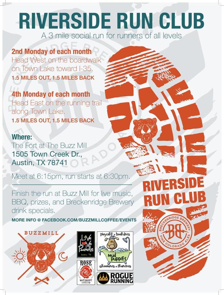 BreckBrewTX's tweet photo. #RiversideRunClub is back @ 6:15 @BuzzmillCoffee. Prizes &amp; @BreckBrew beers to follow. @LiveLovePaddle @roguerunning http://t.co/pnDRK6zwwF