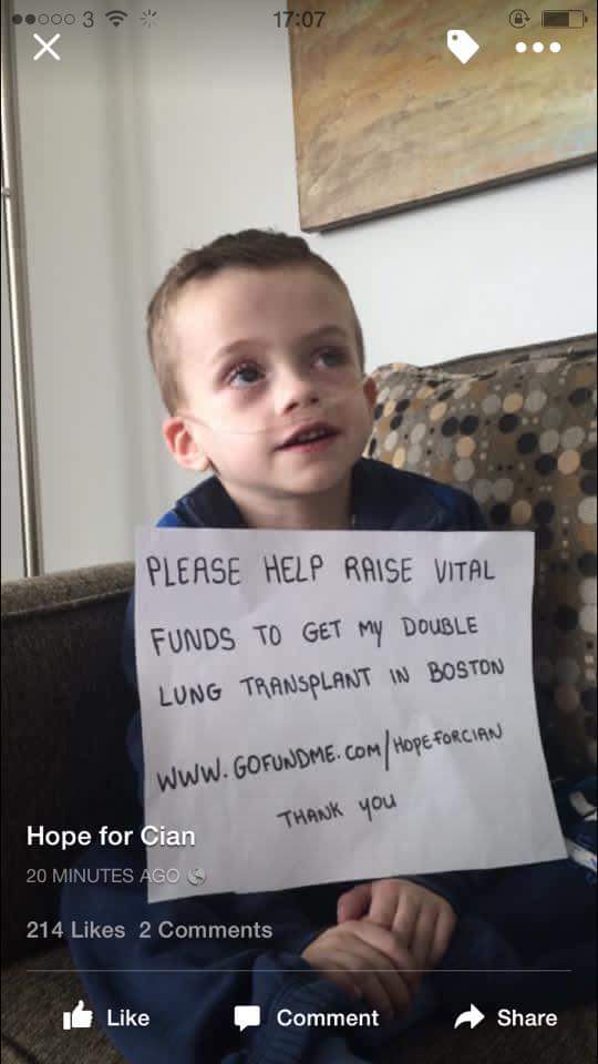 hopeforcian's tweet photo. @RTELateLateShow pls RT &amp; help Irish 4 yr old Cian get a lung transplant in Boston. time is running out! #hopeforcian http://t.co/f6r5gi0kuw