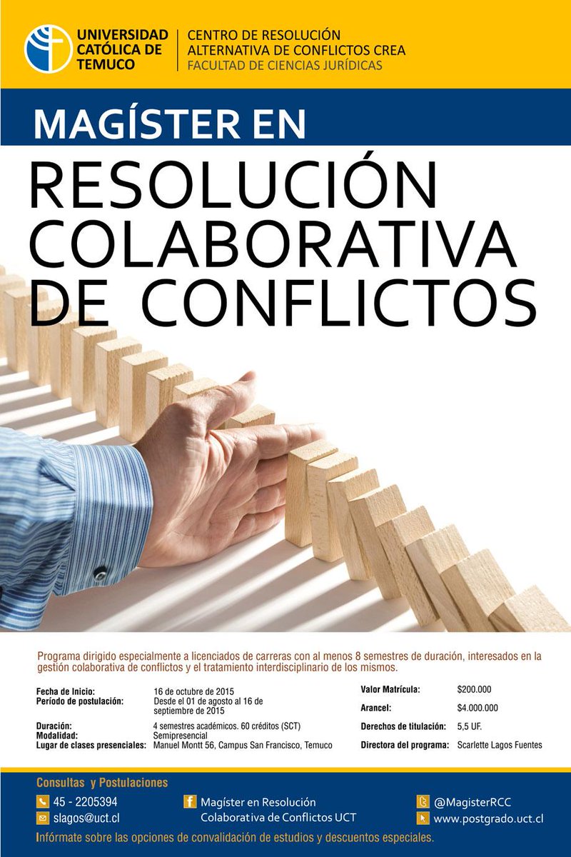 ExtDerechoUCT's tweet photo. ¿Te interesa la mediación? 16/10 inicia Magíster en Resolución Colaborativa de Conflictos en @uctemuco @MagisterRCC http://t.co/mNQ4nZlkIn