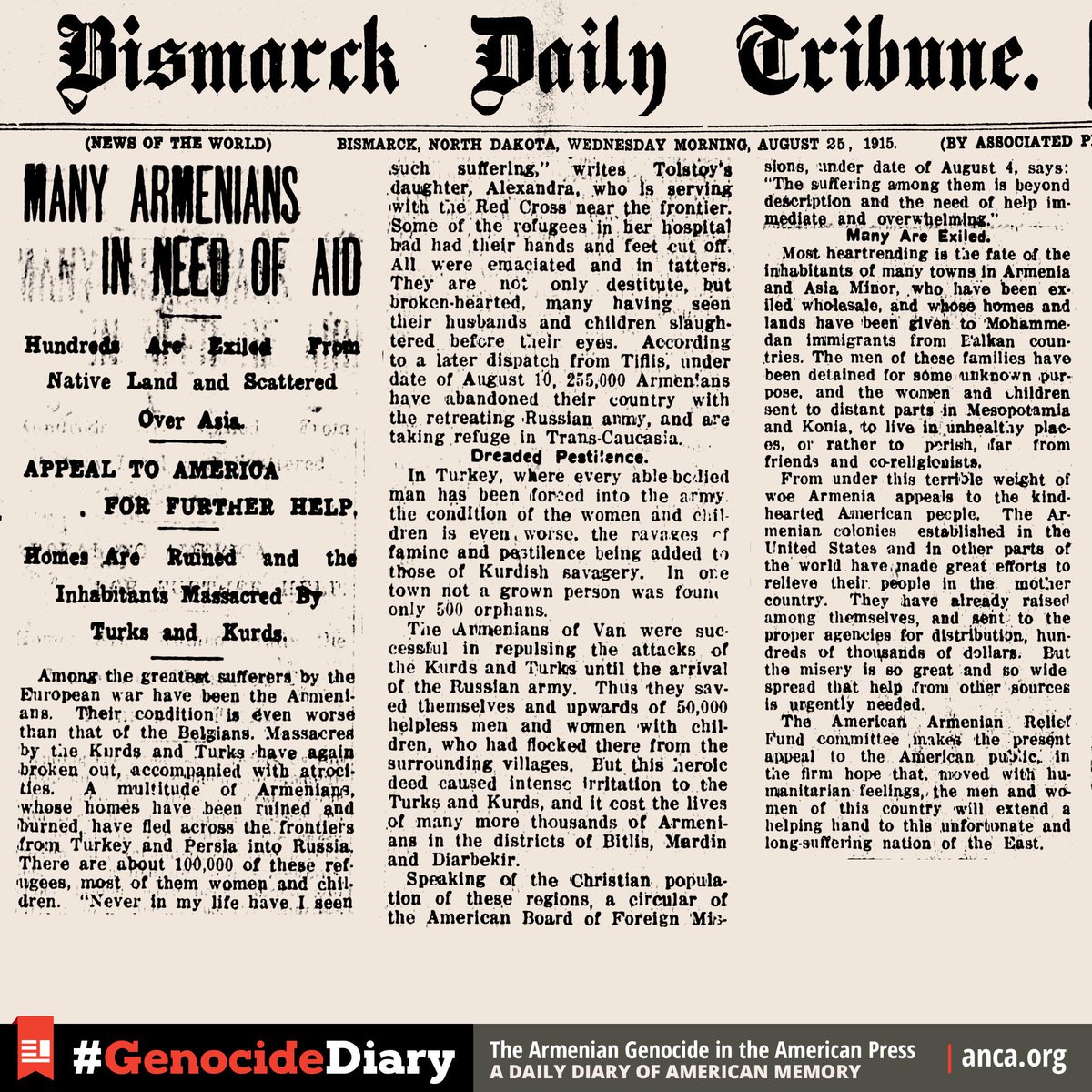 ANCA_DC's tweet photo. "Never ... have I seen such suffering" said Alexandra Tolstoy | Bismark Daily Tribune 8/25/1915. #GenocideDiary http://t.co/qq5xAyKQVz