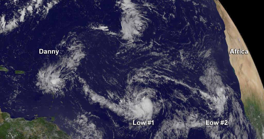NASA's tweet photo. Danny has degenerated into an elongated area of low pressure. The remnants are moving west: http://t.co/LX9mkjx2bR http://t.co/2w4fak3jMn