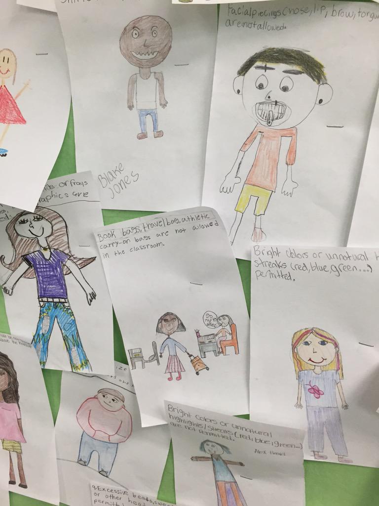 April_Harris1's tweet photo. We talked about our dress code for school and students made signs for each rule. Don't dress like this!! Haha http://t.co/OEfIXYGwCf