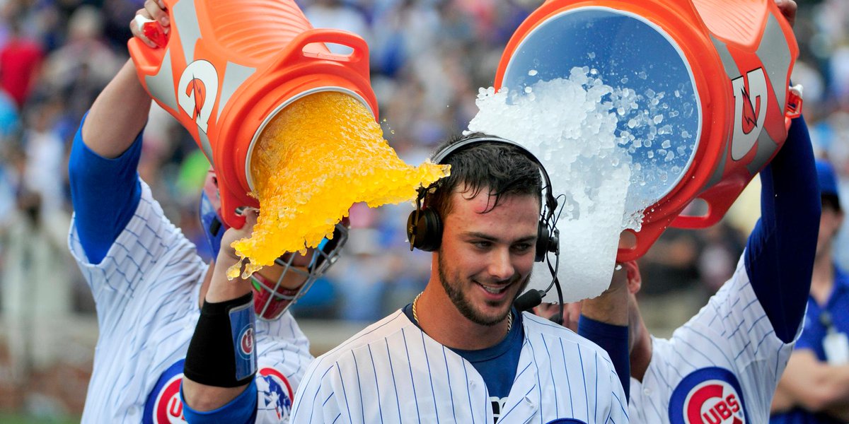 SportsCenter's tweet photo. So hot right now: The Cubs have won 20 of their last 24 games. Not even a Gatorade bath can cool them down. http://t.co/IrDRws8YTh