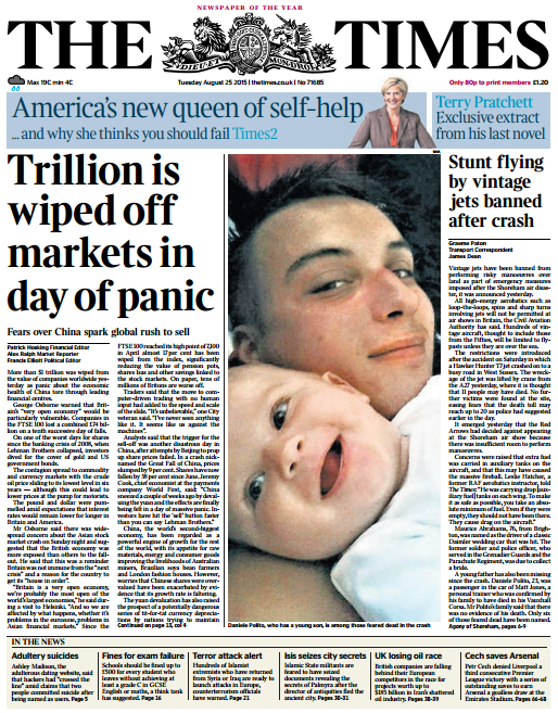 SkyNews's tweet photo. THE TIMES: 'Trillion is wiped off markets in day of panic' #skypapers http://t.co/CCGo4VIWjo