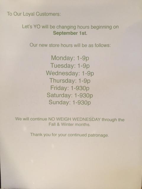 LetsYOelm's tweet photo. Hey @LetsYOelm fans! We are adjusting our hours beginning SEPTEMBER 1ST! Thank you for your continued patronage :) http://t.co/caHIjlzEGS