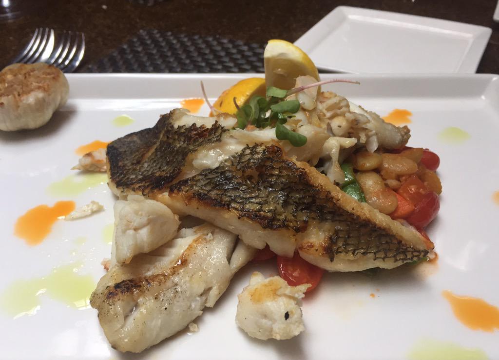 RedPrimeSteak's tweet photo. #StripedBass paired with lump crab, over a vegetable #ragout. Perfect #RainOrShine #DeliciousFishes #MakingItSpecial http://t.co/MJH5Eza48F