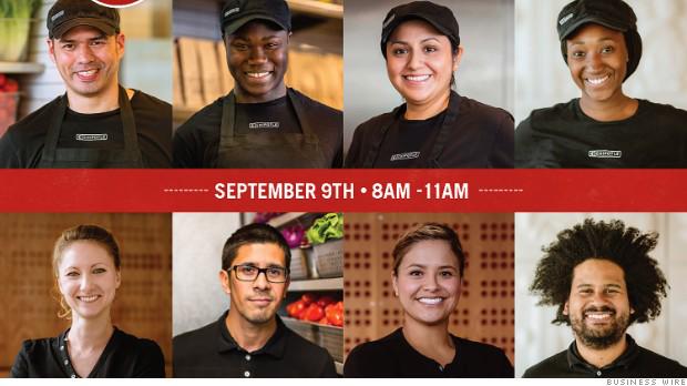 CNNBusiness's tweet photo. .@ChipotleTweets is going on an epic, one-day hiring spree to bring aboard 4,000 new staff http://t.co/kvb2DAbsKP http://t.co/nH2imFVlVr