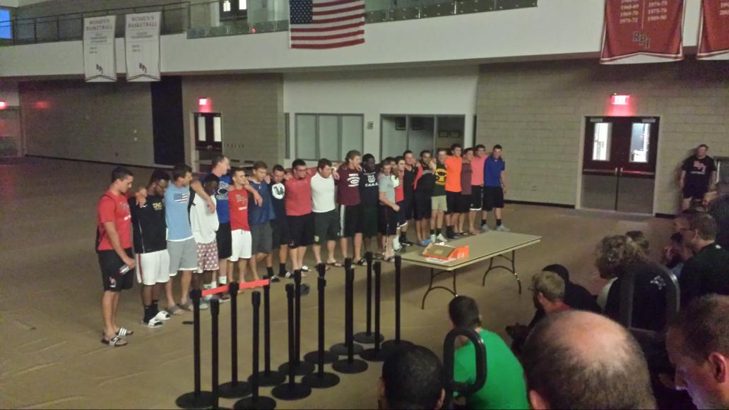 Sophomore class sings the RPI fight song to kickoff tonight's team meeting! #redfam #pitchperfect #rpifootball