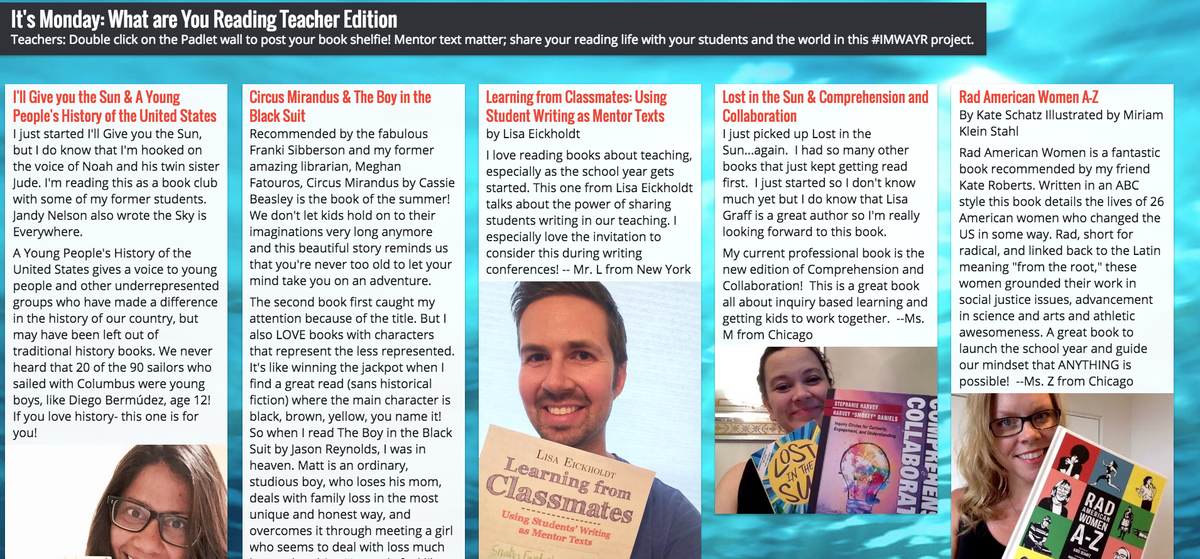 It's Monday: What are You Reading Teacher Edition! Create a mentor text #IMWAYR wall w us! innovateigniteinspire.wordpress.com/2015/08/25/its…