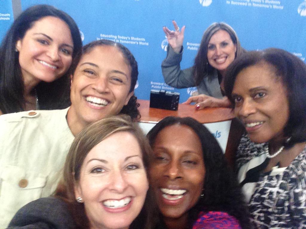nadine_drew's tweet photo. .@browardschools PIO team photo bombed by Board member @PattiGoodsb2 at today's #FirstDayBroward news conference. http://t.co/LbUwpEQTds