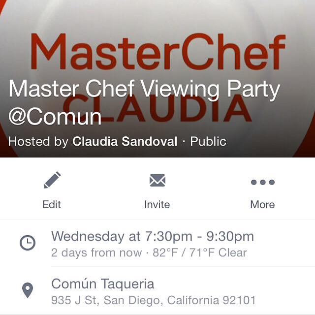 Join me at <a href="/ComunTaqueria/">Común Taqueria</a> Wednesday for a #MasterChef viewing party. Good Eats by <a href="/chefchadwhite/">Chad White</a>, so arrive early!