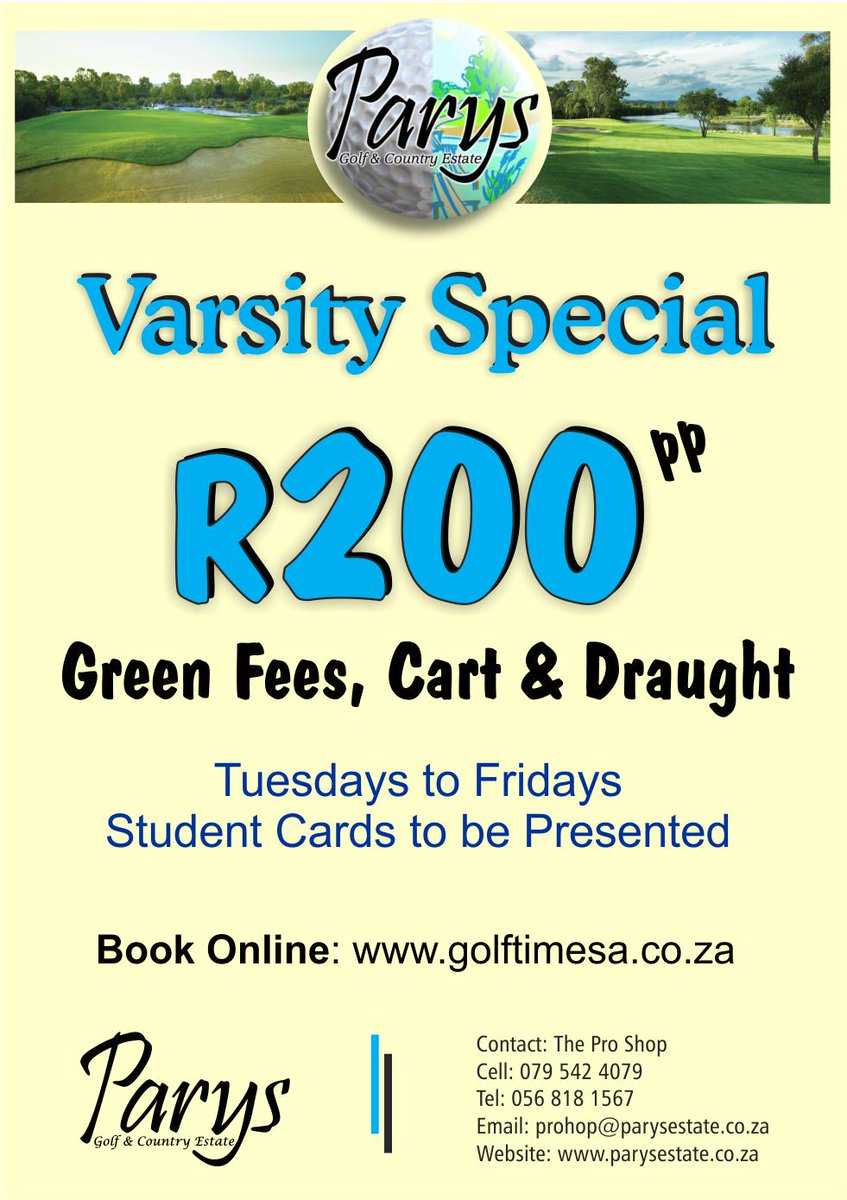ParysGolfEstate's tweet photo. Student Special @ParysGolfEstate -0568181567
ONLY R200 pp for FEES, CART and a DRAUGHT
#Students #VarsitySpecial http://t.co/Va4ERvfo4F