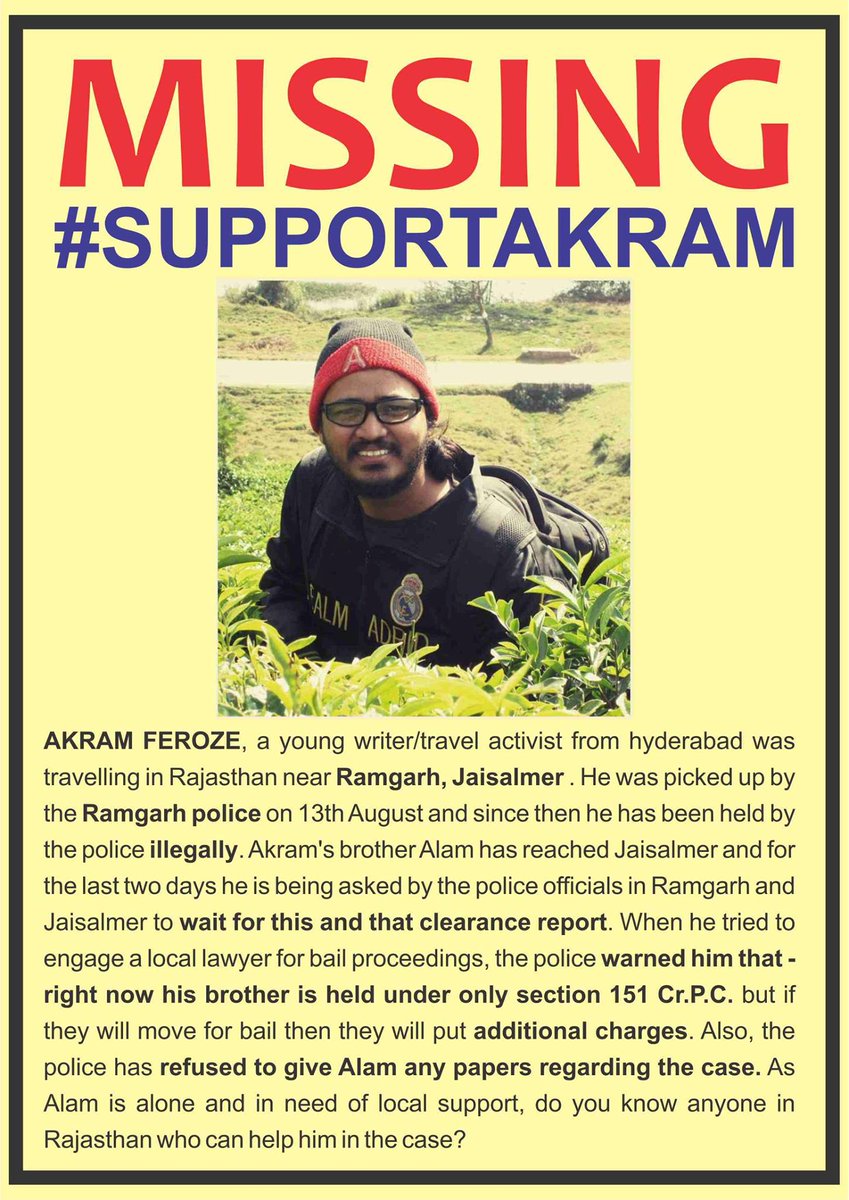 svsashank's tweet photo. #SupportAkram My friend has been arrested in Jaisalmer and is not being released. Can someone help? Please RT http://t.co/64L9cbIAzK