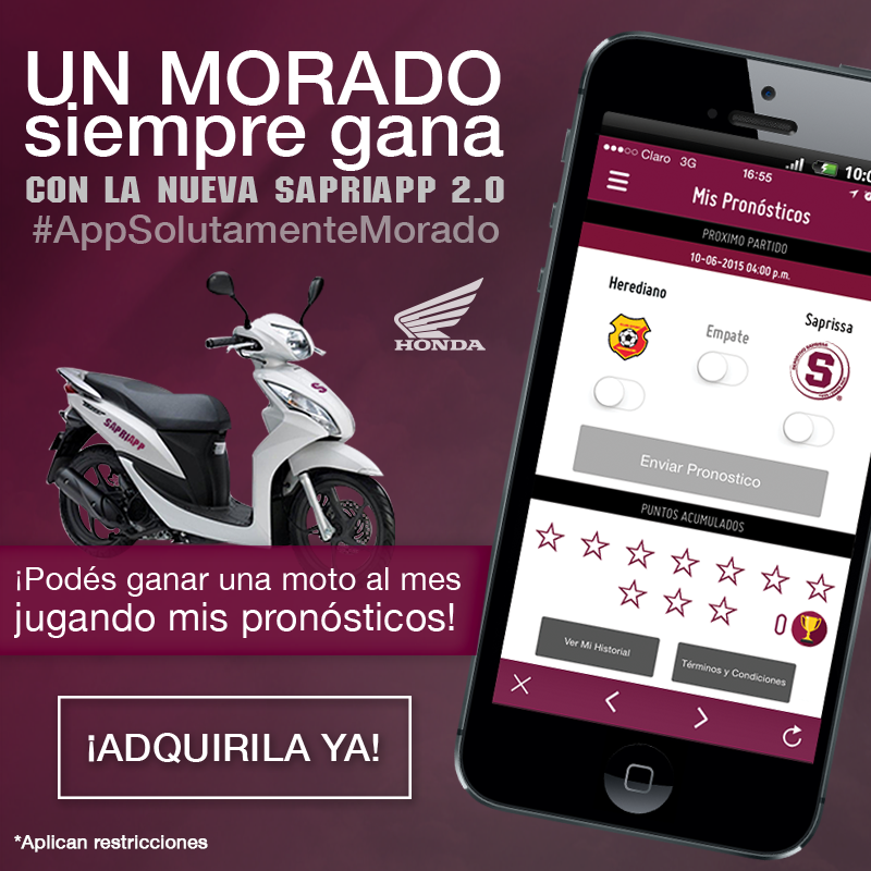 SaprissaOficial's tweet photo. ¡Acertá con los pronósticos de #Sapriapp 2.0 y ganá muchos premios! #QuéLindoSerMorado http://t.co/Ge4tGHop2L