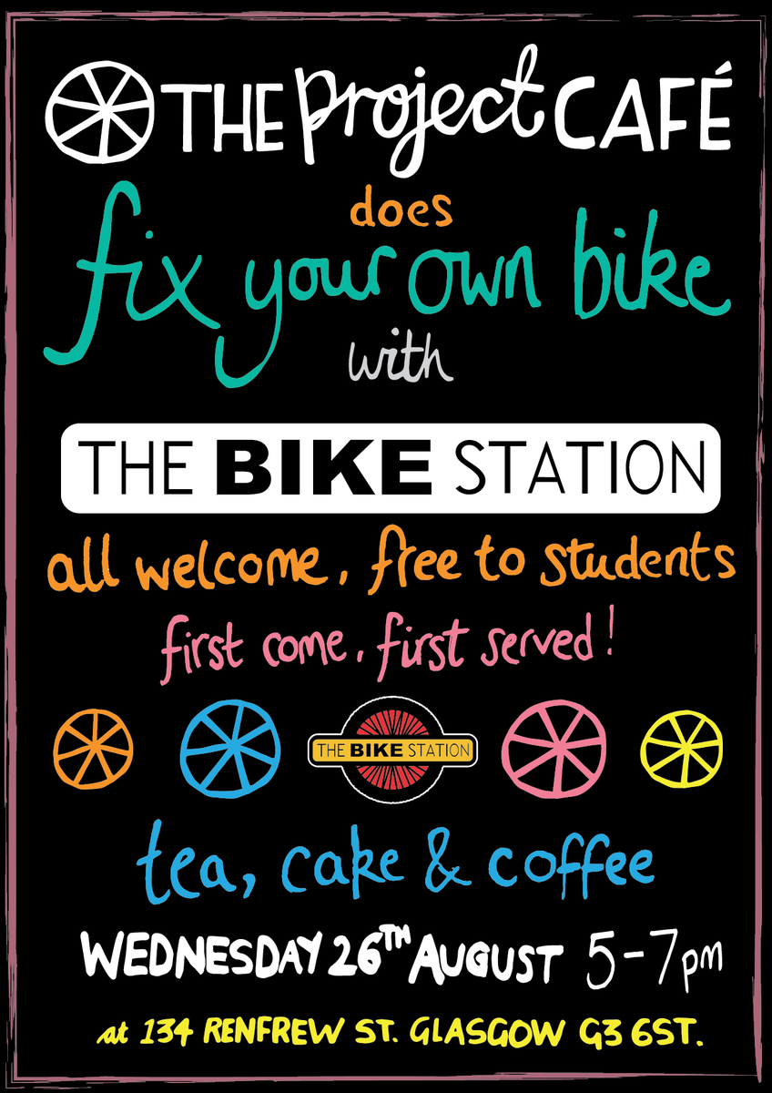better_way's tweet photo. Free FYOB with @UniCycleGlasgow at @theproject_cafe tomorrow 5 - 7pm - free cake, coffee, tea and plenty chat! http://t.co/micf8umjbs