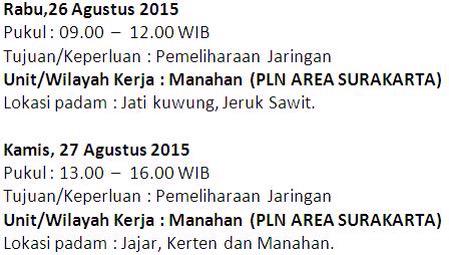 Besok! Ada pemeliharaan dan perawatan jaringan <a href="/PLN_123/">PT PLN (Persero)</a> 26/8-27/8/2015 utk wilayah Solo dan sekitarnya