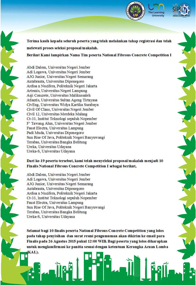 PENGUMUMAN FINALIS NATIONAL FIBROUS CONCRETE COMPETITION I :)