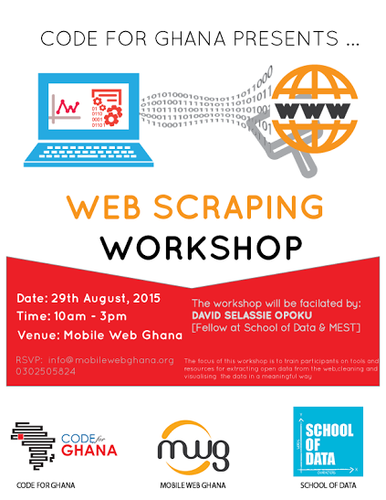 This Saturday <a href="/MobileWebGhana/">Mobile Web Ghana</a> lab, there will be a Data Scraping Workshop.We hope to see you all there. #codeforGhana