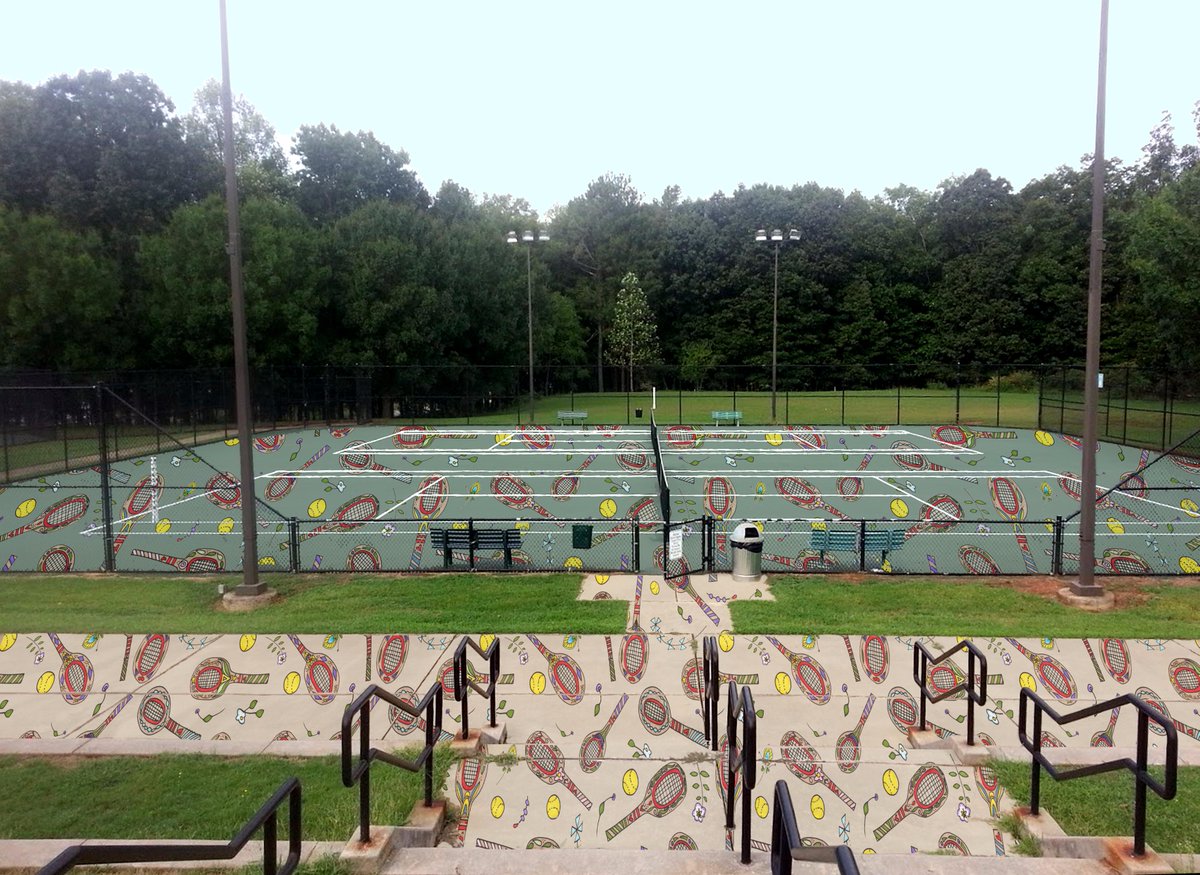It's take your #patternbombing to work day! The view from my desk at the tennis court! #makeitindesignschool #tennis