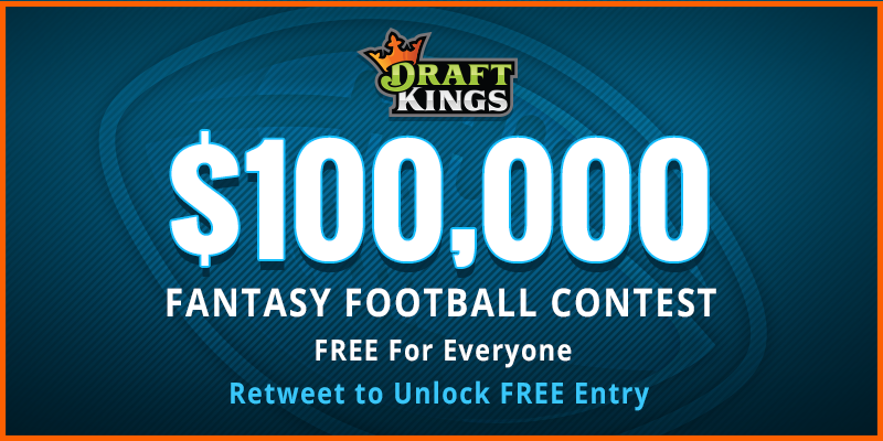 DraftKings (@draftkings) on Twitter photo RT to unlock FREE entry to a $100,000 #FantasyFootball Contest! Only <a href="/DraftKings/">DraftKings</a>. 1st wins $10K! #DraftKingsFree100K RT to unlock FREE entry to a $100,000 #FantasyFootball Contest! Only <a href="/DraftKings/">DraftKings</a>. 1st wins $10K! #DraftKingsFree100K