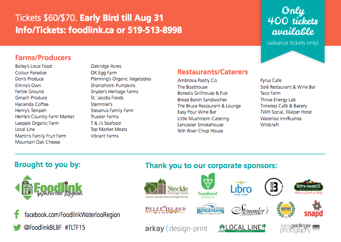 YYZGourmand's tweet photo. #TLTF15 details. Look at these great local food producers involved: (@FoodlinkBLBF ) (2/2) http://t.co/dGtiS1ZE3W