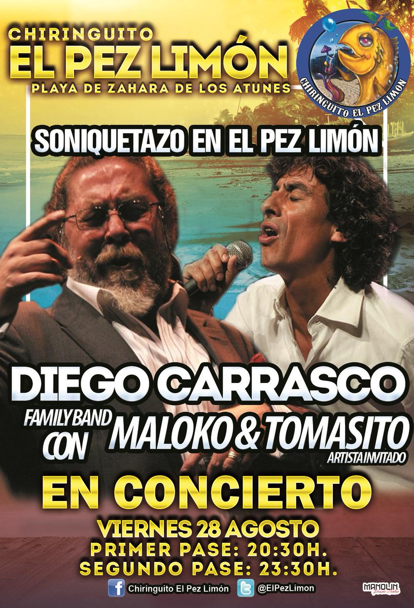 Este viernes tendremos SONIQUETAZO EN <a href="/ElPezLimon/">Chiringuito PezLimón</a> con DIEGO CARRASCO, family band + <a href="/malokosoto/">maloko soto</a> &amp; <a href="/tomasitooficial/">Tomasito</a>