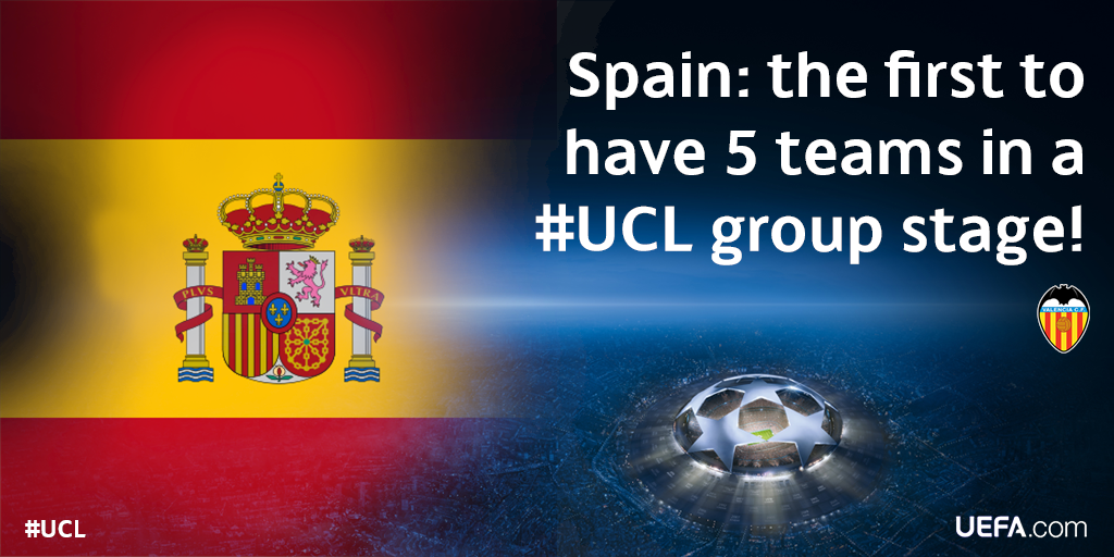 Thanks to <a href="/valenciacf/">Valencia CF</a>, Spain is the first country with five teams in the group stage of a single #UCL season. Bravo!