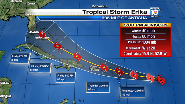 #BREAKING 5 PM advisory puts S. Fla. in cone of projected path of Tropical Storm #Erika bit.ly/1NR4eBk?utm_so… http://t.co/6inNiouRTT