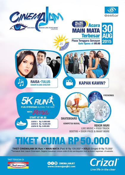 yuk kunjungi Cinema Jam, PLaza tenggara Senayan  30 Agsts 2015: 5 K Run, Skateboard,Mural,Tulus,Raisa, GBS,