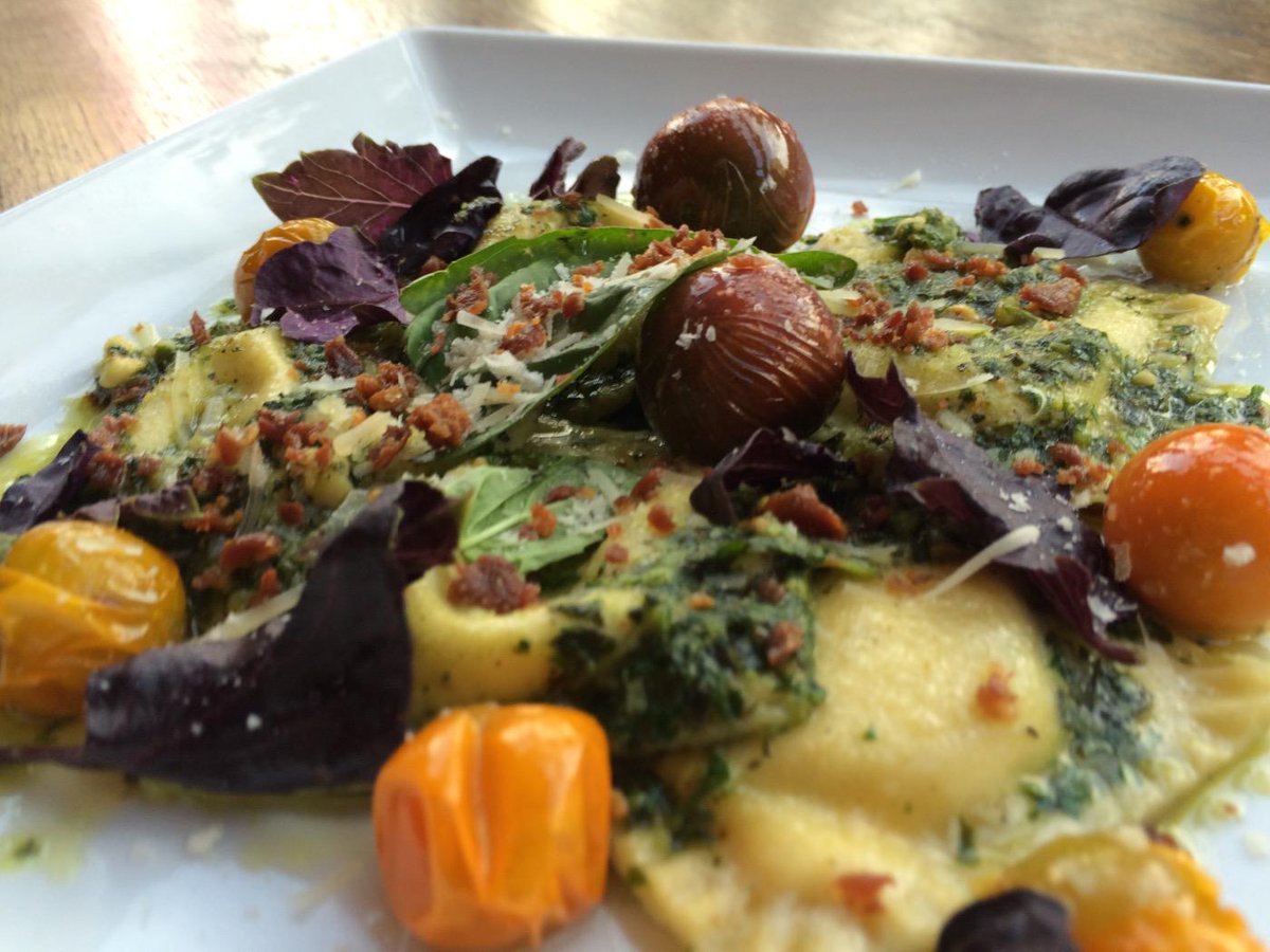 #tgirvine housemade three cheese ravioli, <a href="/AlegriaFresh/">Alegría Fresh</a> heirloom tomato, hazelnut mint pesto and duck prosciutto dust