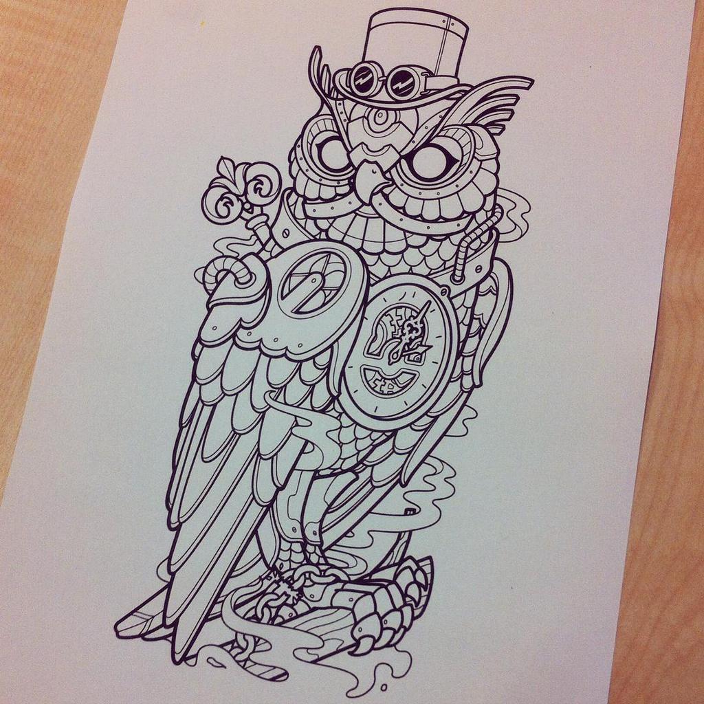 X \ Otherbots على تويتر: "Working on a mechanical owl tattoo for Niels Huegen. #owl #owltattoo #samphillipsillustration #steampunk #samphilli… http://t.co/7CHBm1jUK4"