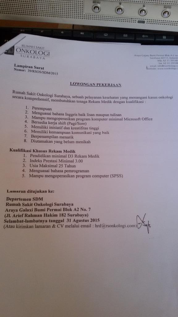 Loker Rekam medis RS Onkologi Surabaya.. silahkan lihat di pict ya.. :))