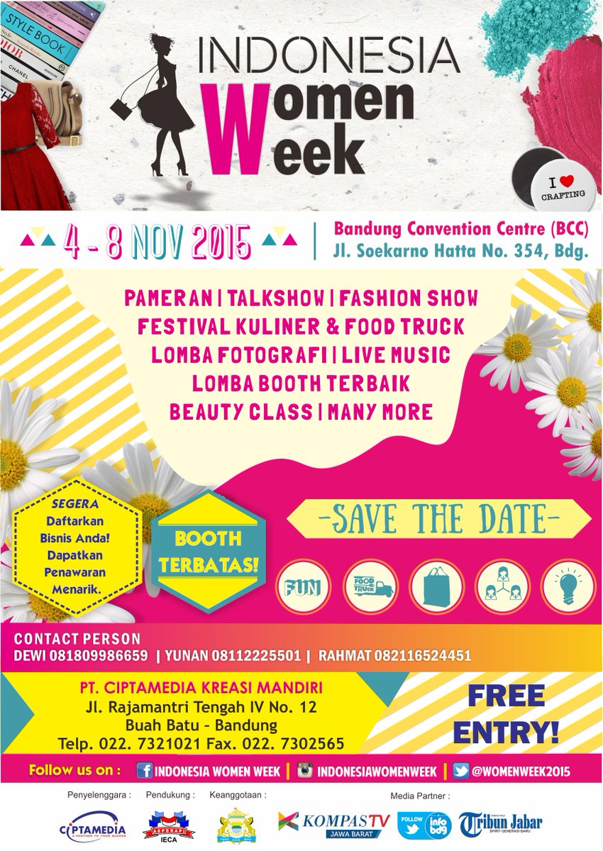 InfoBdgEvent's tweet image. Ayo daftarkan bisnis kamu di #IndonesiaWomenWeek | Tanggal: 4-8Nov di Bandung Conv Center - @WomenWeek2015
