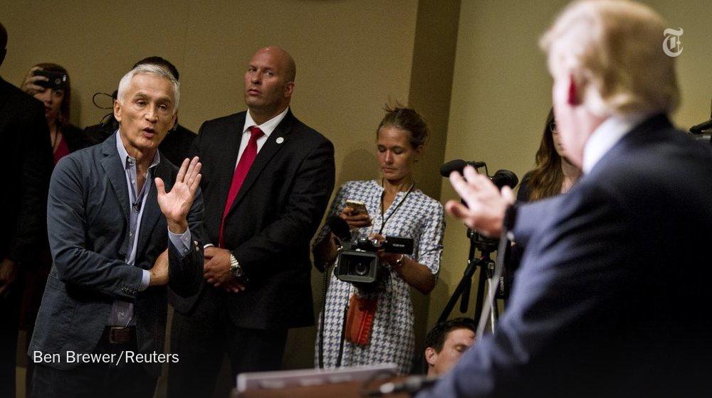 nytimes's tweet image. Donald Trump to Jorge Ramos: "Go back to Univision” nyti.ms/1LvViB8