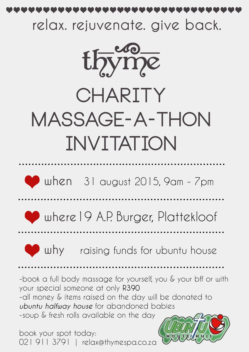 We still have some space for our charity massage-a-thon on 31 August! donations welcome! cc <a href="/KFMza/">kfmza</a> <a href="/CapeTalk/">CapeTalk on 567AM</a>