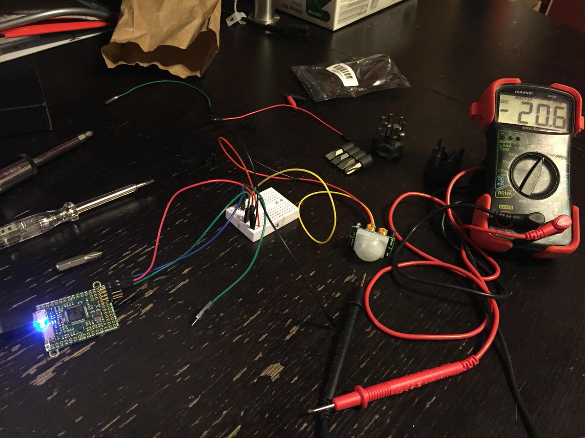 michaelaye's tweet image. Passive IR motion detector working fine with the #pyboard now waiting for the motorized squirt gun! :)