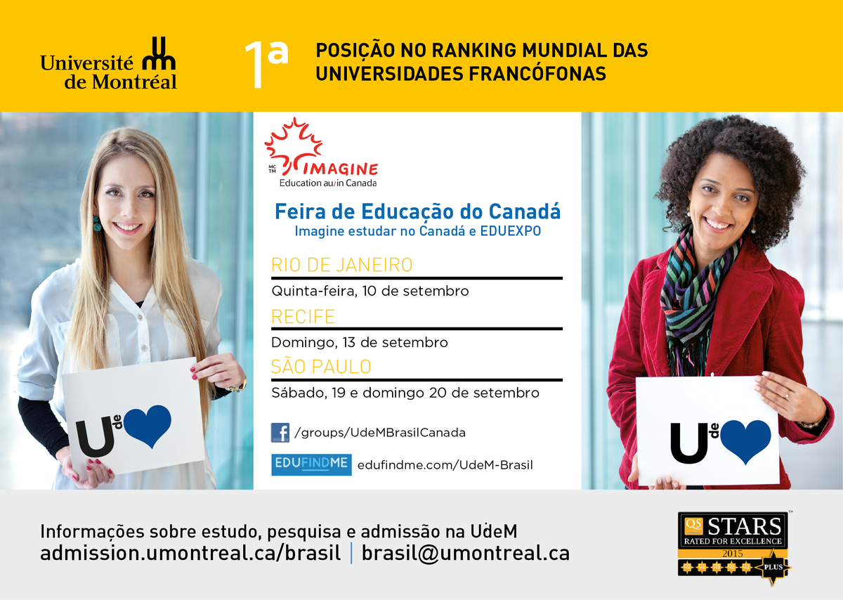 Imagine Estudar no Canadá - Feiras SP, RJ e Recife Brasil #foiresBresil <a href="/uMontreal_news/">uMontreal News</a> goo.gl/2dRSM7