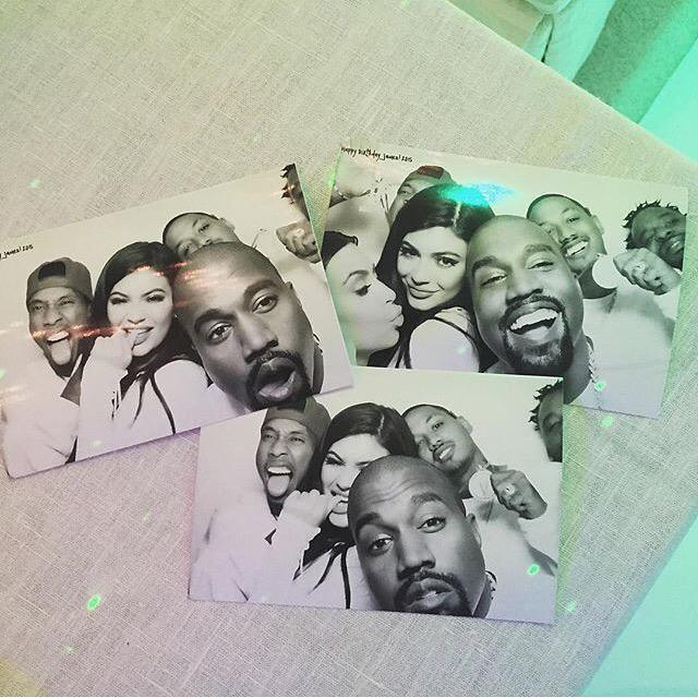 Kanye looks so happy \" Kanye, Kim, Tyga and Kylie at James Harden\s birthday party last night. 