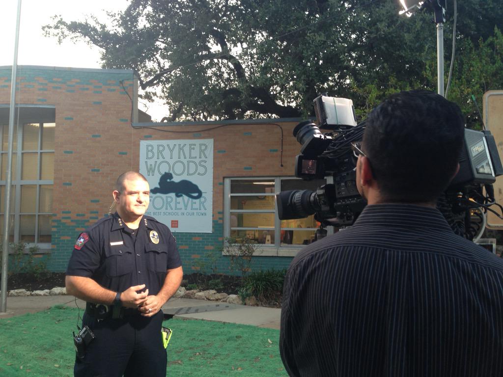 .@AISDPoliceChief talks school safety with <a href="/KXAN_News/">KXAN News</a> at <a href="/BrykerPanthers/">Bryker Woods</a>