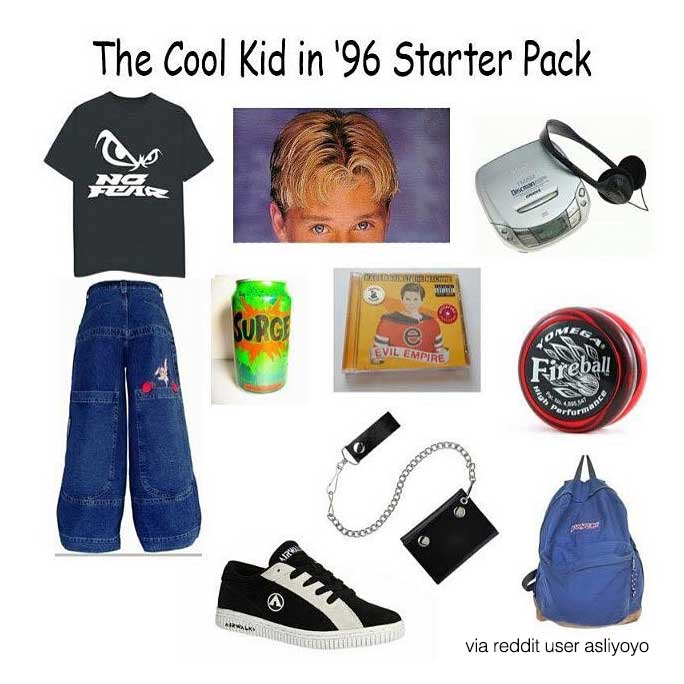 MensHumor's tweet image. The "cool kid in '96" starter pack...