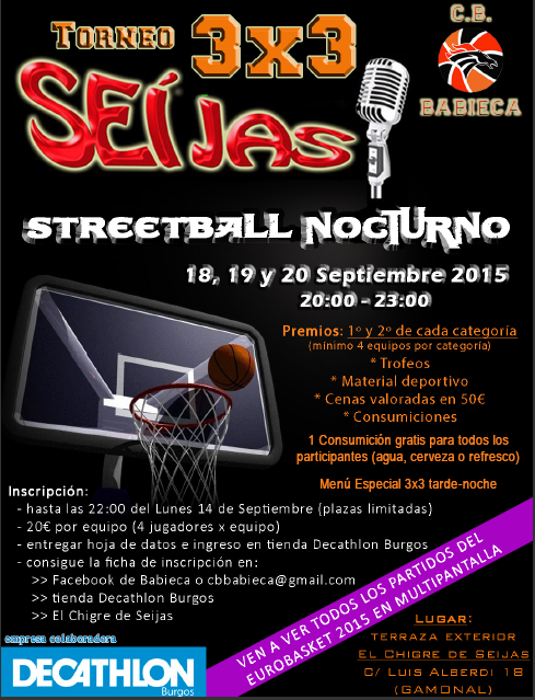 CBBabieca's tweet photo. Os presentamos el 3x3 que hemos preparado junto a #Seijas y @DecathlonBurgos para el 18,19 y 20 de septiembre. http://t.co/uakWLEOx3d