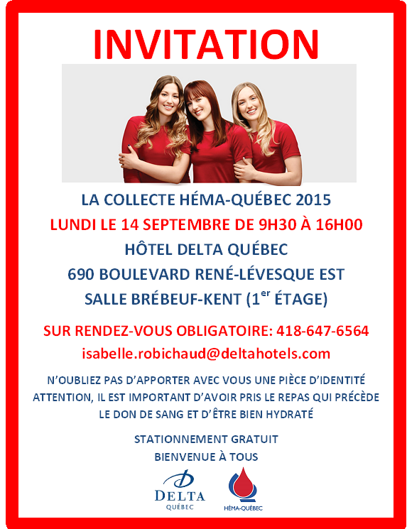 Collecte de sang Héma-Québec. Lundi 14 septembre de 9h30 et 16h00 au <a href="/Delta_Quebec/">Elalami</a>. Pour rendez-vous : 418-647-6564