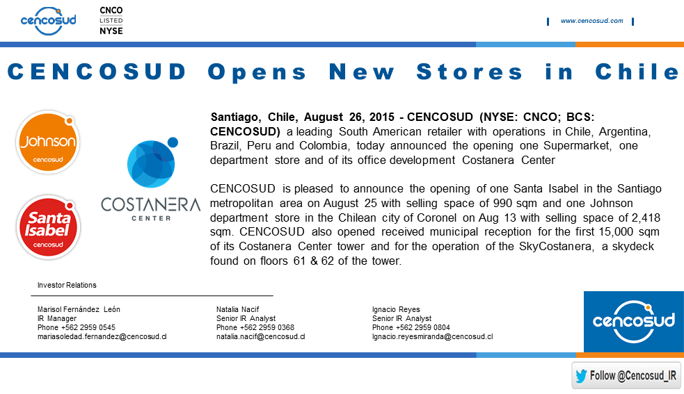 Cencosud_IR's tweet photo. #Cencosud opens a #SantaIsabel and a #Johnson store in Chile http://t.co/l0NktHpFsZ