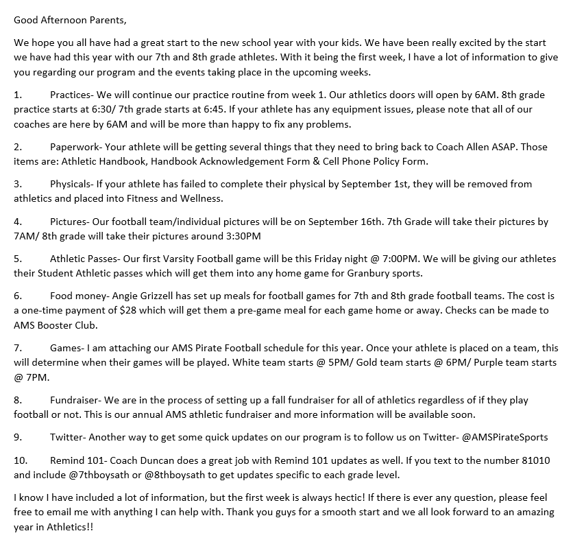 Amspiratesports Good Afternoon Everyone Here Is The Email Sent To All 7th And 8th Parents Today Regarding Athletics Granburyisd Http T Co Tfcszreywy