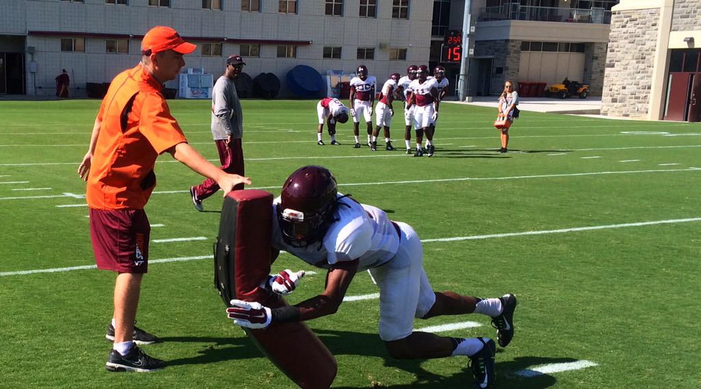 HokiesFB's tweet image. Heads up, see what you hit. 

Explode through the tackle.

#12Days 

#VTCampLife 💼